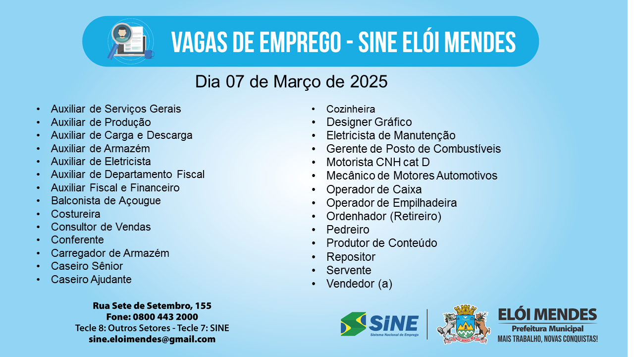 VAGAS DE EMPREGO (SINE ELÓI MENDES)