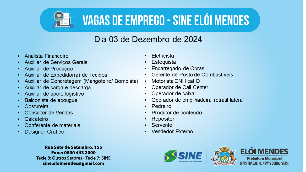 VAGAS DE EMPREGO (SINE ELÓI MENDES)